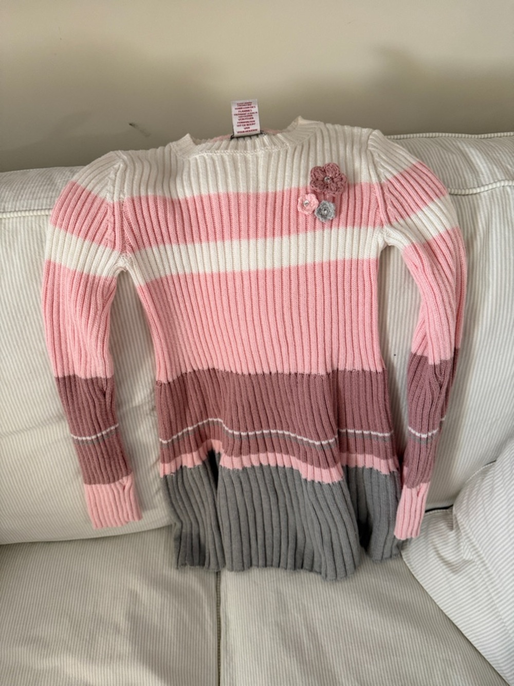 Striped Ribbed Knit Sweater with Floral Accent - Pink, White & Gray
